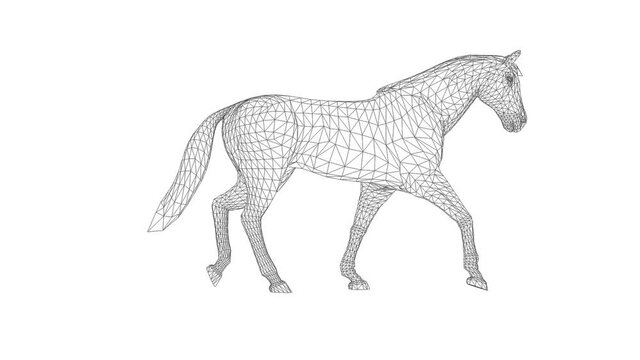 Wireframe 3d horse walk, seamless loop, against white