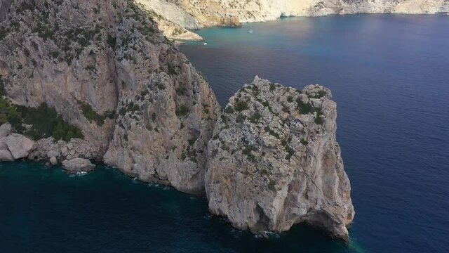 Aerial view of the rocky coast of Ibiza island, Spain, Balearic islands