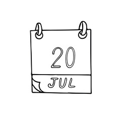calendar hand drawn in doodle style. July 20. International Chess Day, Cake, date. icon, sticker, element, design. planning, business holiday