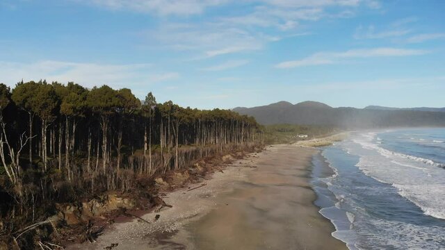 Aerial view of Bruce Bay beach on the West Coast of the South Island in New Zealand