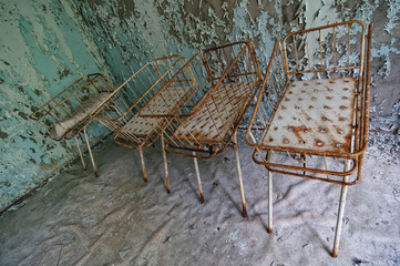 Health center, hospital in Prypiat, Chernobyl exclusion Zone. Chernobyl Nuclear Power Plant Zone of...