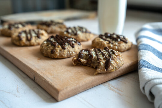 Healthy Banana Oatmeal Cookies With Chocolate, Healthy Dessert With Milk For Breakfast