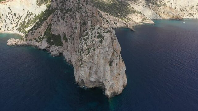 Aerial view of the rocky coast of Ibiza island, Spain, Balearic islands