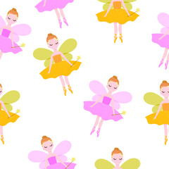 Seamless pattern with ballerinas in fairy costumes