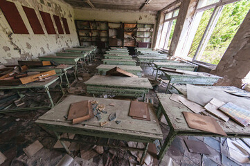 School classroom in Prypiat, Chernobyl exclusion Zone. Chernobyl Nuclear Power Plant Zone of...