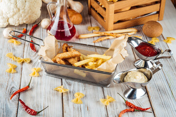 Snack french fries deep-fried chicken with sauces