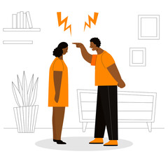 Adult african man and woman quarrel. Concept of family conflicts, resentment, aggression, divorce. Husband and wife scream and swear. Flat vector illustration isolated.