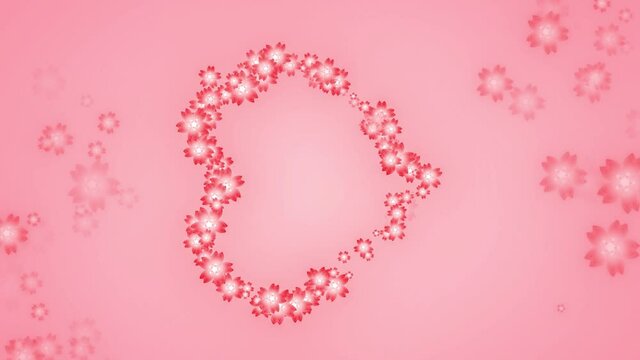 red flowers in a big heart shape formation, pink background