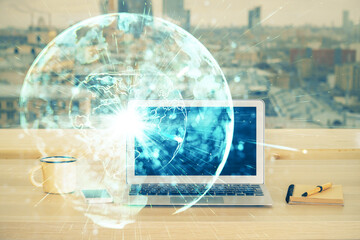 Multi exposure of business theme icons and table with computer background. Concept of success.