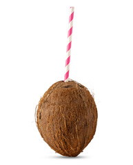 Coconut with a drinking pipe isolated on white