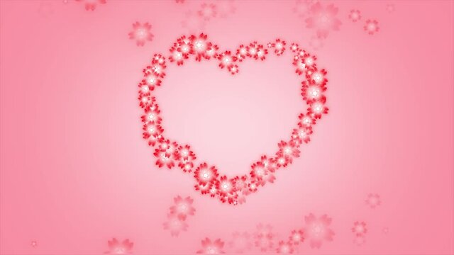 red flowers in a big heart shape formation, pink background