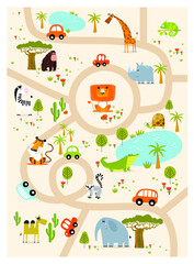 Vector tropical maze with animals in safari park. Cartoon tropical animals. African animals. Road in a safari park. Game for children. Children's play mat.
- 362821740