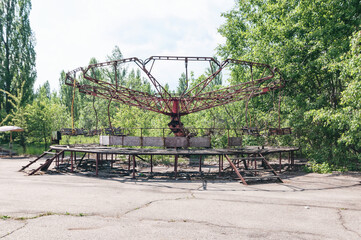 Fun fair, ferris wheel in Prypiat, Chernobyl exclusion Zone. Chernobyl Nuclear Power Plant Zone of...