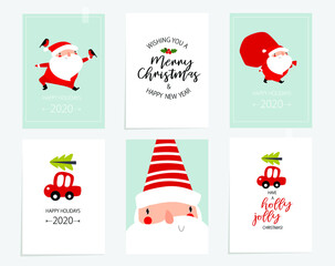 Vector set of christmas illustrations. Santa Claus with presents, holiday is approaching, red car is carrying a Christmas tree, typographic posters, postcards. Merry Christmas and Happy New Year.
