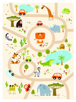 Vector tropical maze with animals in safari park. Cartoon tropical animals. African animals. Road in a safari park. Game for children. Children's play mat.
