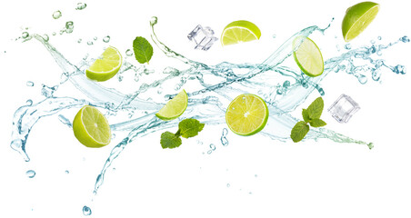 water splash with mint leaves, slices of lime and ice cubes isolated on white background, concept of summer refreshments