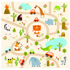 Vector tropical maze with animals in safari park. Cartoon tropical animals. African animals. Road in a safari park. Game for children. Children's play mat.
- 362821921