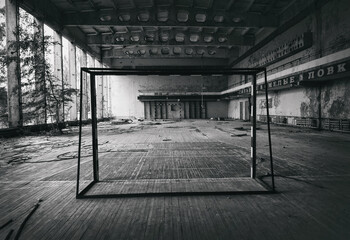 Playing field in gym in Prypiat, Chernobyl exclusion Zone. Chernobyl Nuclear Power Plant Zone of...