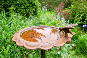 Idyllic view of an old rusty bird bath with water in a beautiful green and growing summer garden with flowering plants. Seen in Germany in June.