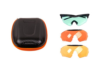 Safety glasses isolate on a white back. Glasses for work, sports, outdoor activities and shooting. Eye protection from damage and sun rays.