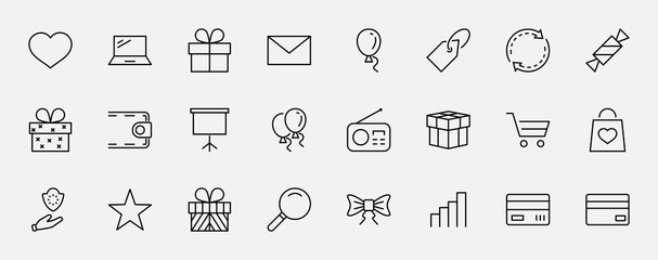 Set of Gifts Vector Line Icons. Contains Symbols Gift Cards, Ribbons and more. Editable Stroke. 32x32 pixel