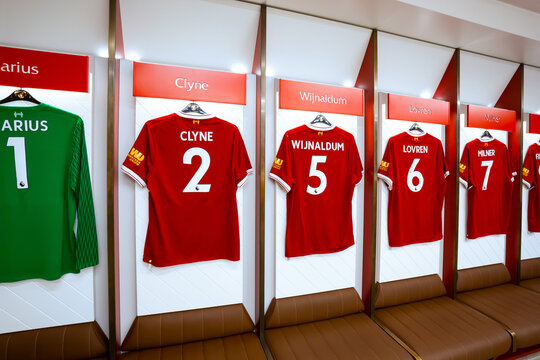 Liverpool, United Kingdom - May 17 2018: Player's jerseys hung in fornt of lockers in the changing room at Anfield stadium