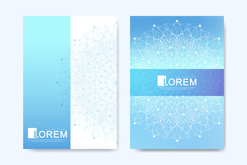 Modern vector template for brochure, leaflet, flyer, advert, cover, catalog, magazine or annual report. Business, science, medical design. Scientific cybernetic dots. Lines plexus. Card surface.