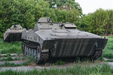 Fototapeta premium Liquidators vehicle army in Prypiat, Chernobyl exclusion Zone. Chernobyl Nuclear Power Plant Zone of Alienation in Ukraine