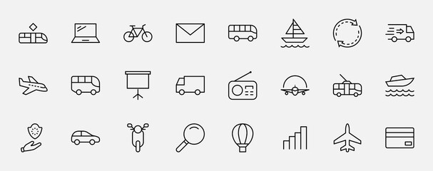 Set of Public Transport Related Vector Line Icons. Contains such Icons as Bus, Bike, Scooter, Car, balloon, Truck, Tram, Trolley, Sailboat, powerboat, Airplane and more. Editable Stroke. 32x32 Pixel