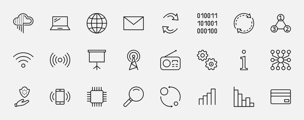 Set of Data Analysis Related Technology Vector Line Icons. Contains such Icons as Charts, Wi-fi, Graphs, Traffic Analysis, Big Data and more. Editable Stroke. 32x32 Pixels