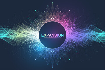 Colorful explosion background with connected line and dots, wave flow. Visualization expansion of life. Abstract graphic background explosion, motion burst. Expansion of life vector illustration. - obrazy, fototapety, plakaty