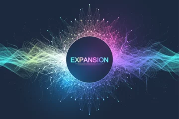 Foto op Plexiglas Colorful explosion background with connected line and dots, wave flow. Visualization expansion of life. Abstract graphic background explosion, motion burst. Expansion of life vector illustration. © BAIVECTOR