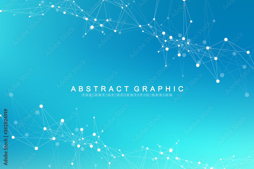 Poster Abstract perspective background with connected line and dots. Network and connection background for your presentation. Big data visualization. Graphic polygonal background. Vector illustration.