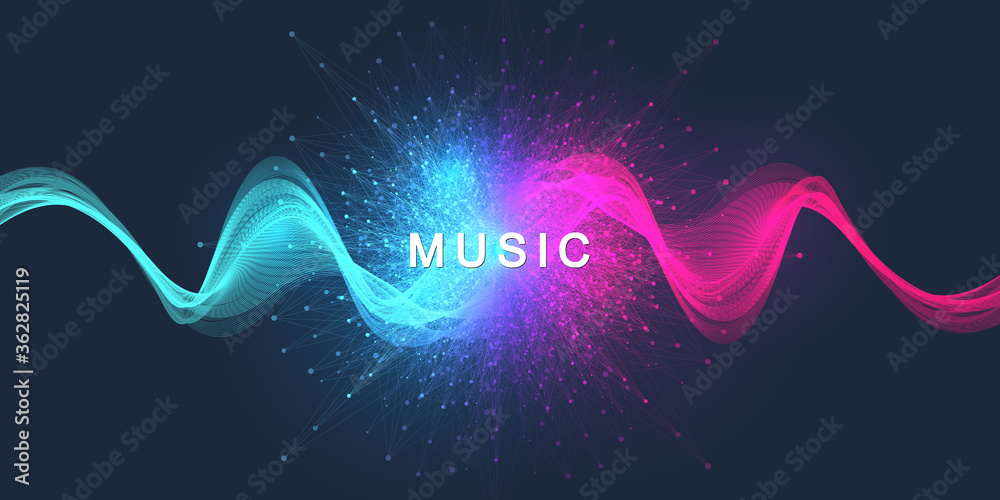 Poster Abstract motion sound wave lines and dots dynamic vector background. Spiral pulse sound wave rhythm. Music wave poster design.