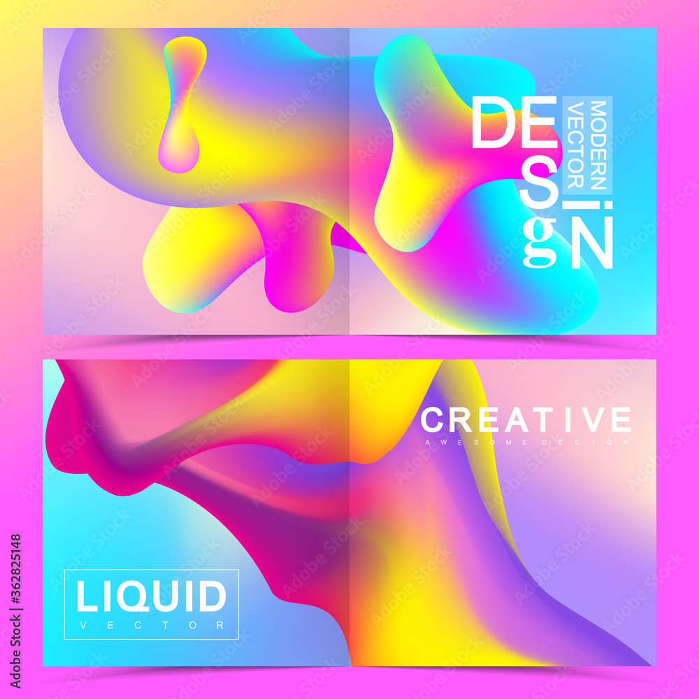 Poster Vector design templates in trendy vibrant gradient colors with abstract fluid shapes, paint splashes, ink drops for square design bi fold brochure, flyer, cover, booklet design. Abstract fluid shapes.