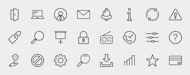 Set of Interface Related Vector Line Icons. Contains such Icons as User, Search, Info, Star, Bell, Door, Settings, Lock, Alert, Gear and more. Editable Stroke. 32x32 Pixels
