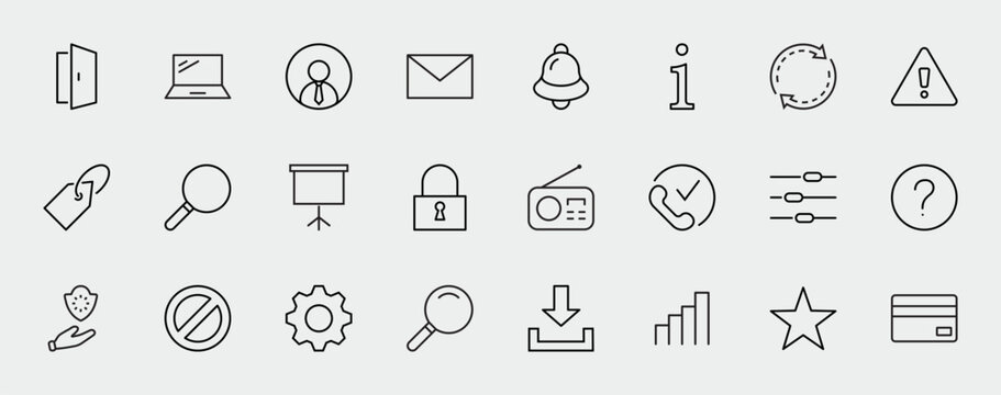 Set of Interface Related Vector Line Icons. Contains such Icons as User, Search, Info, Star, Bell, Door, Settings, Lock, Alert, Gear and more. Editable Stroke. 32x32 Pixels