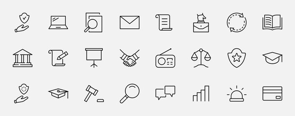 Set of Law and justice Vector Line Icons. Contains such Icons as weapon, arrest, authority, courthouse, gavel, legal, weapon and more. Editable stroke. 32x32 Pixels