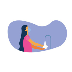 Woman with medical mask washing her hands vector design