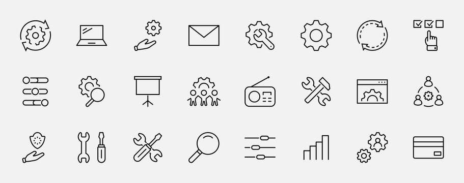 Set of Settings and Setup Vector Line Icons. Contains such Icons as Gear, Setting, Control, Iinstall, Options, Service, and more. Editable Stroke. 32x32 Pixels.