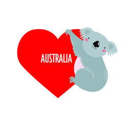 Vector illustration. koala hugs the heart. I love Australia. Australian animal. cartoon koala.
