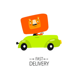 Poster "fast delivery". Lion by car. Green car. A cartoon lion.
