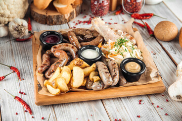 Large sausage platter sauerkraut potatoe and sauce