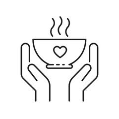 Donation food black line icon. Hands hold plate hot food. Pictogram for web page, mobile app, promo. 