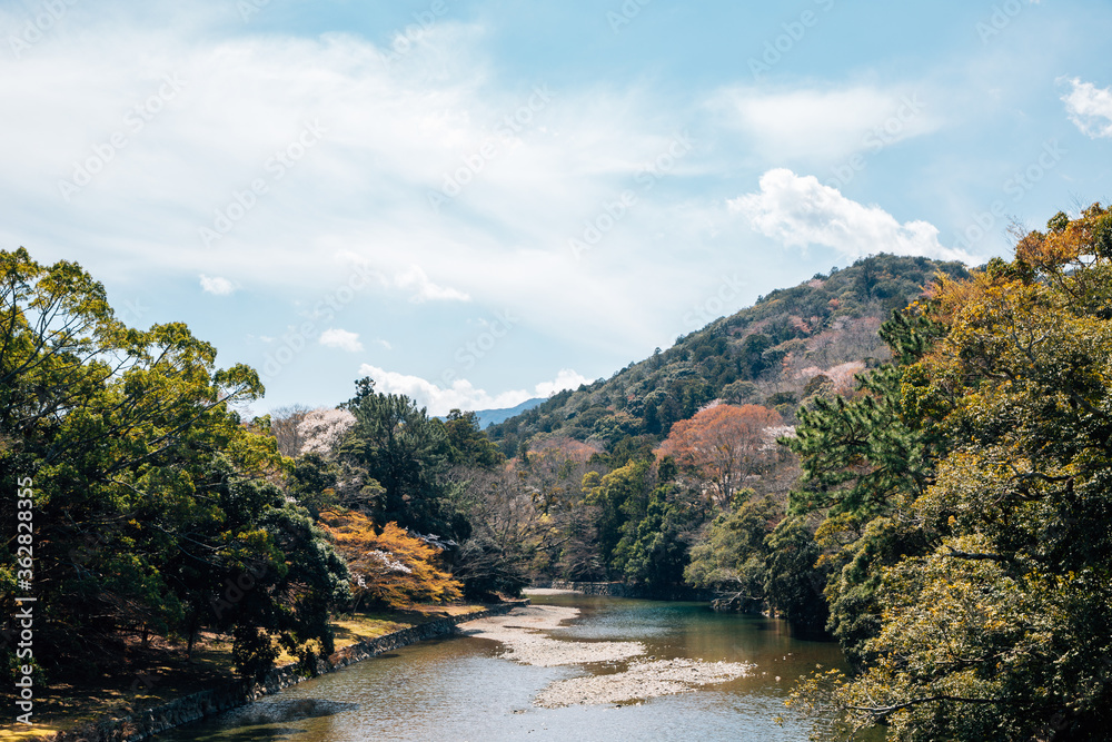 Sticker isuzu river and mountain at spring in ise, mie, japan