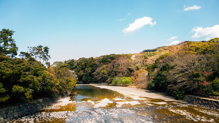 Isuzu River and mountain at spring in Ise, Mie, Japan