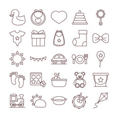 baby feeding toys and clothes, welcome newborn icons set line and fill design