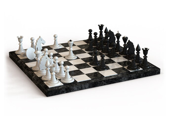 Chess Board with white and black chess pieces on white background. 3 D illustration.