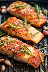 Grilled salmon fillets sprinkled with fresh herbs on a grill plate close up view
