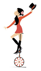 Pretty woman rides on the unicycle illustration. Sexy young woman balances on the unicycle isolated on white  © bigmen